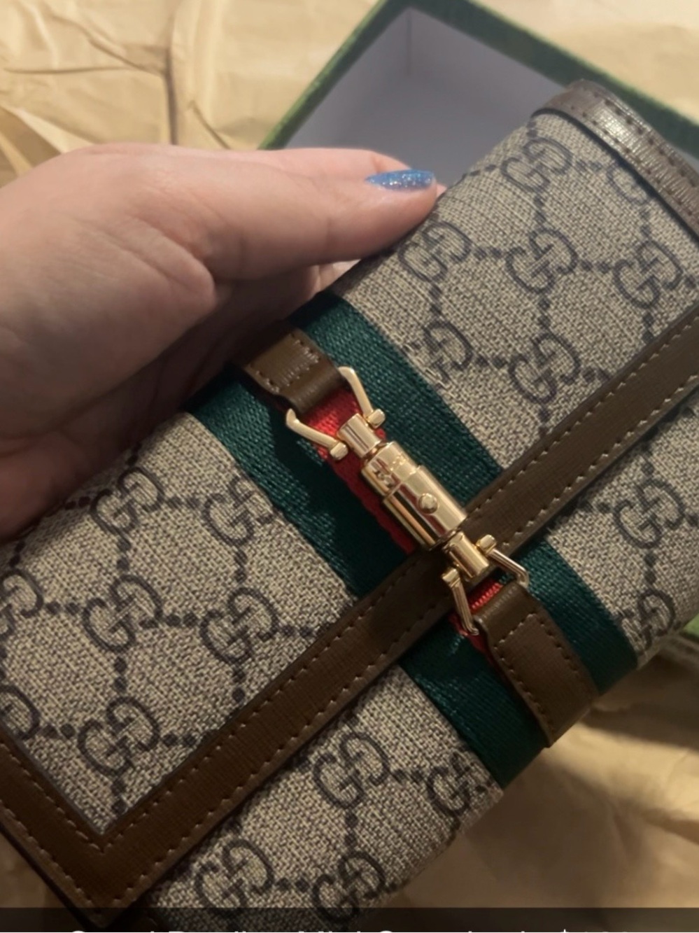 Brown Canvas Signature Clutch with Green-Red Web